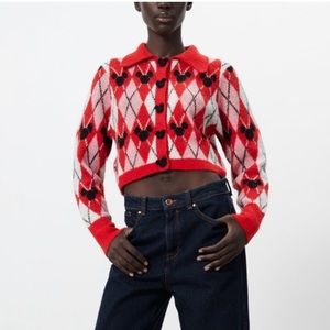 Zara Argyle Knit Disney Mickey Minnie Mouse Crop Sweater Button Up Red S Rare